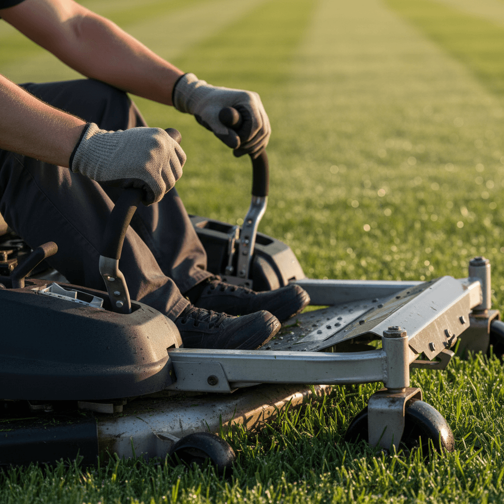 Acreage mowing equipment creating clean cut patterns across open field