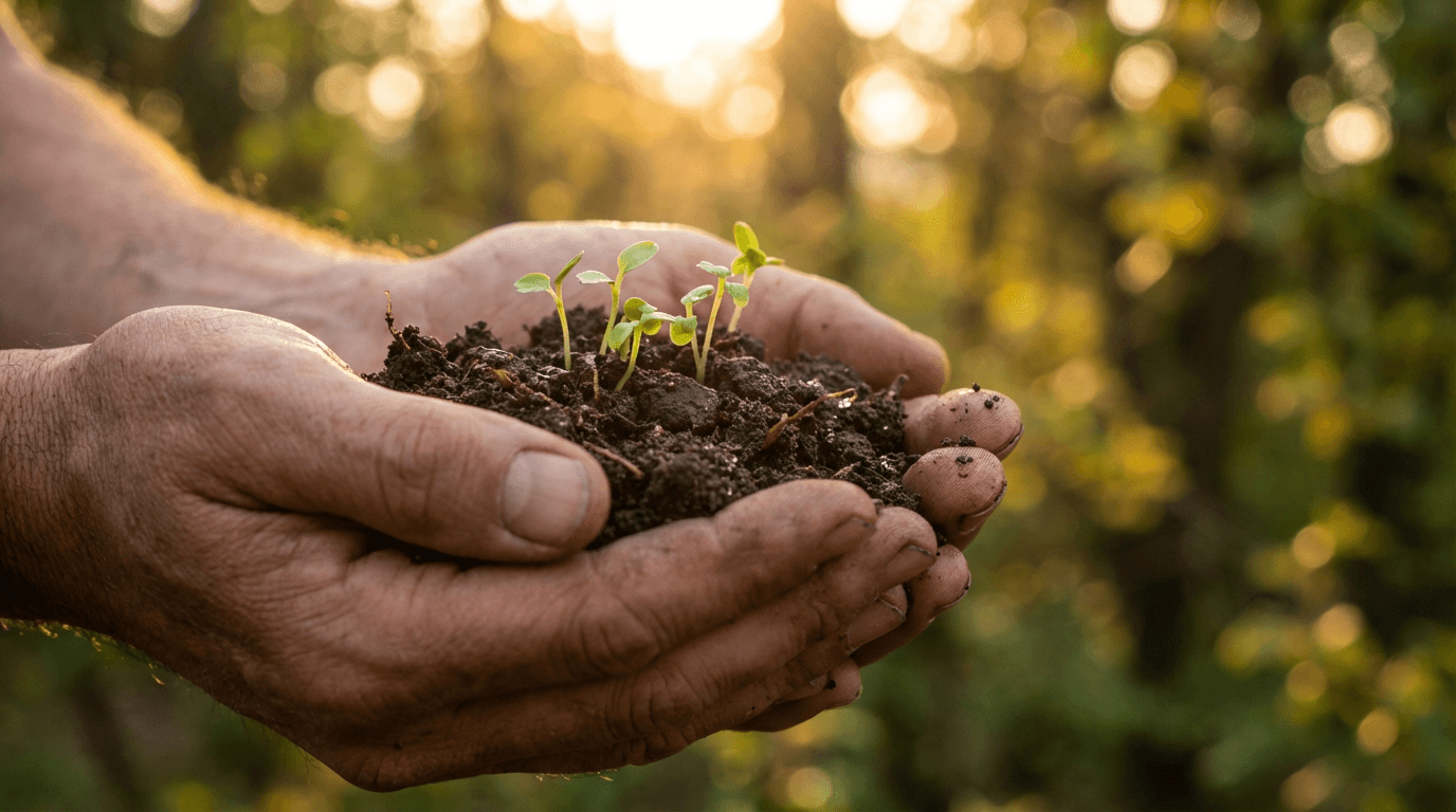 Hands holding New Hampshire forest soil in morning light
