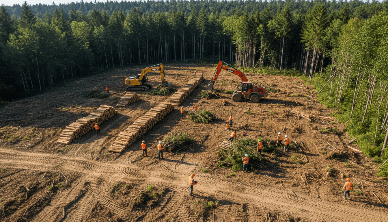 Professionally gladed New Hampshire woodland with sunlight illuminating cleared forest opening
