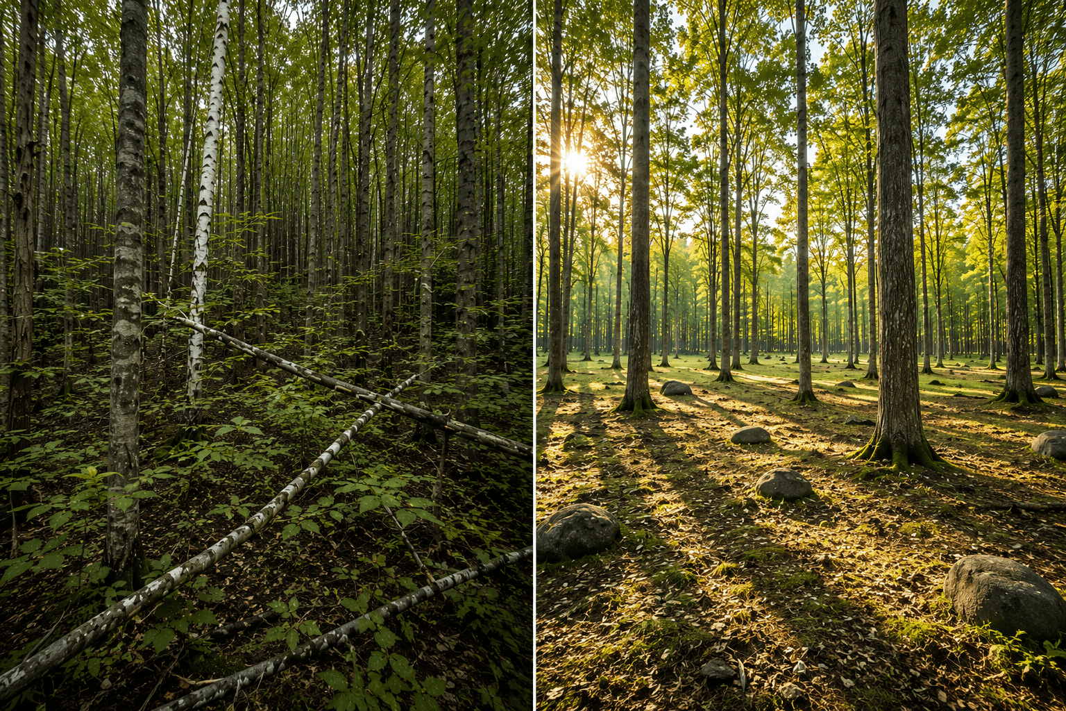 Split view of a dark, dense thicket and a bright, sunlit, open forest floor.