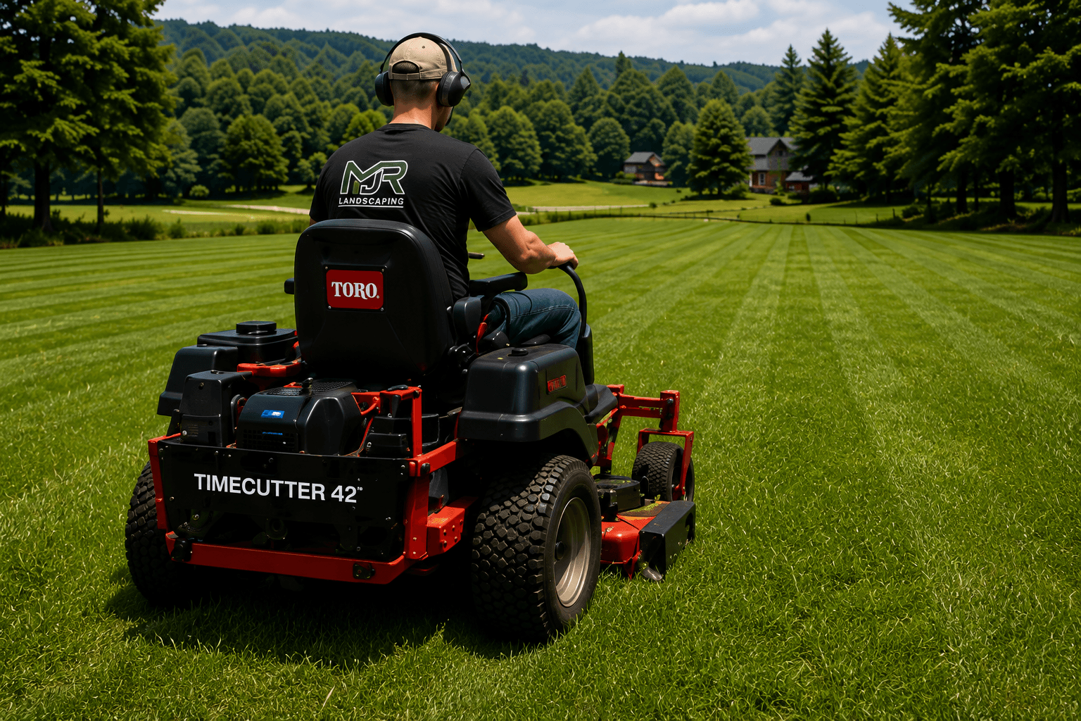 A landscaper drives a red Toro zero-turn mower across a large, striped green lawn.